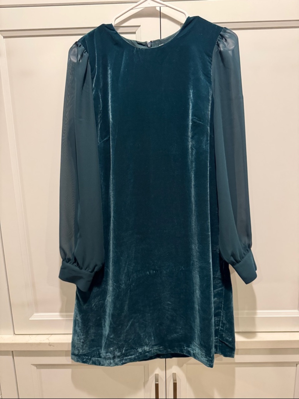 J. Crew Dark Green Velvet Shift Dress with Sheer Long Sleeves